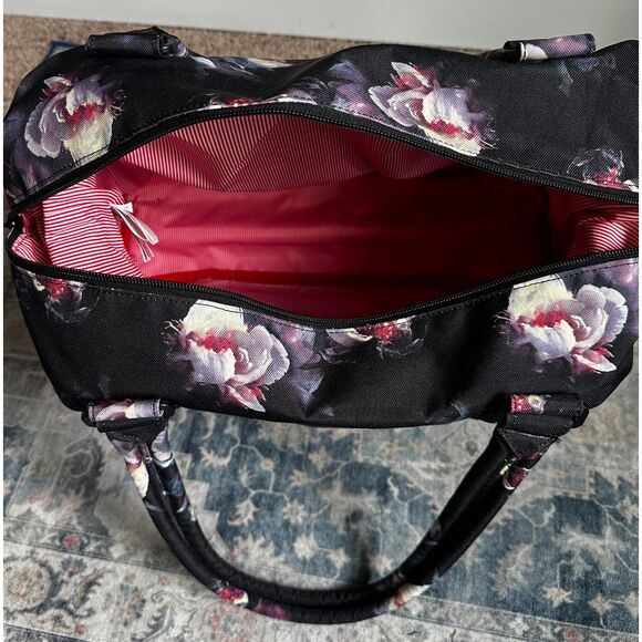 HERSCHEL Black Purple Dark Floral Double Top Handle Large Utility Duffle Bag - Picture 8 of 11